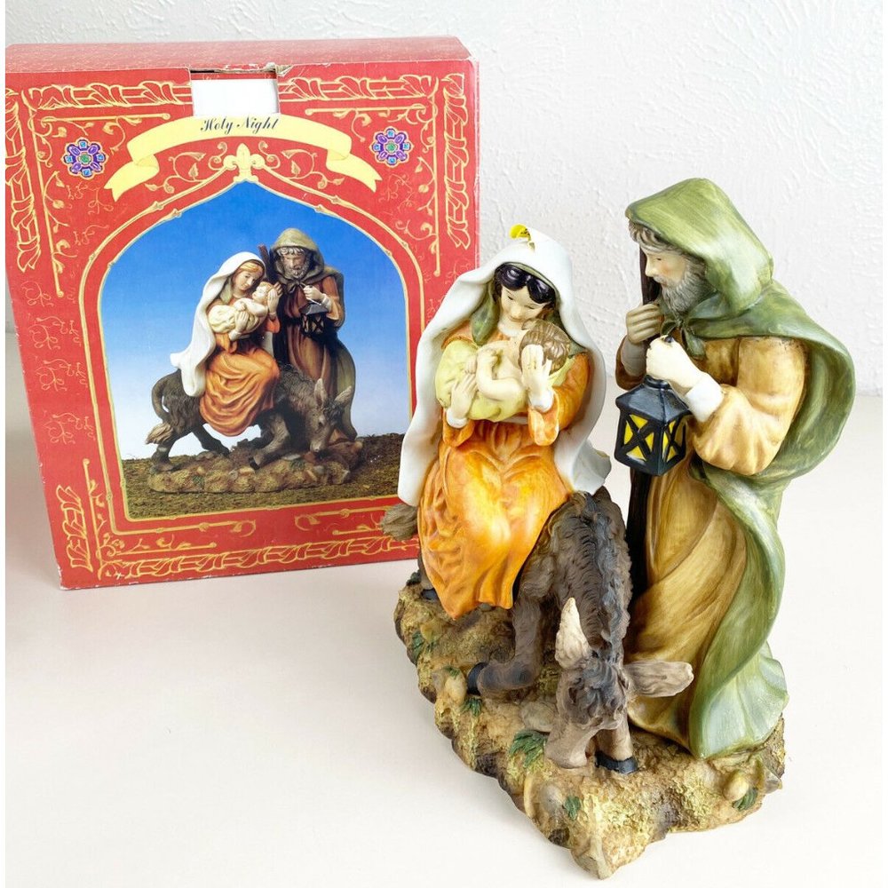 Vintage Holy Night Family Christmas Ceramic handpainted 11” Statue Decor EUC